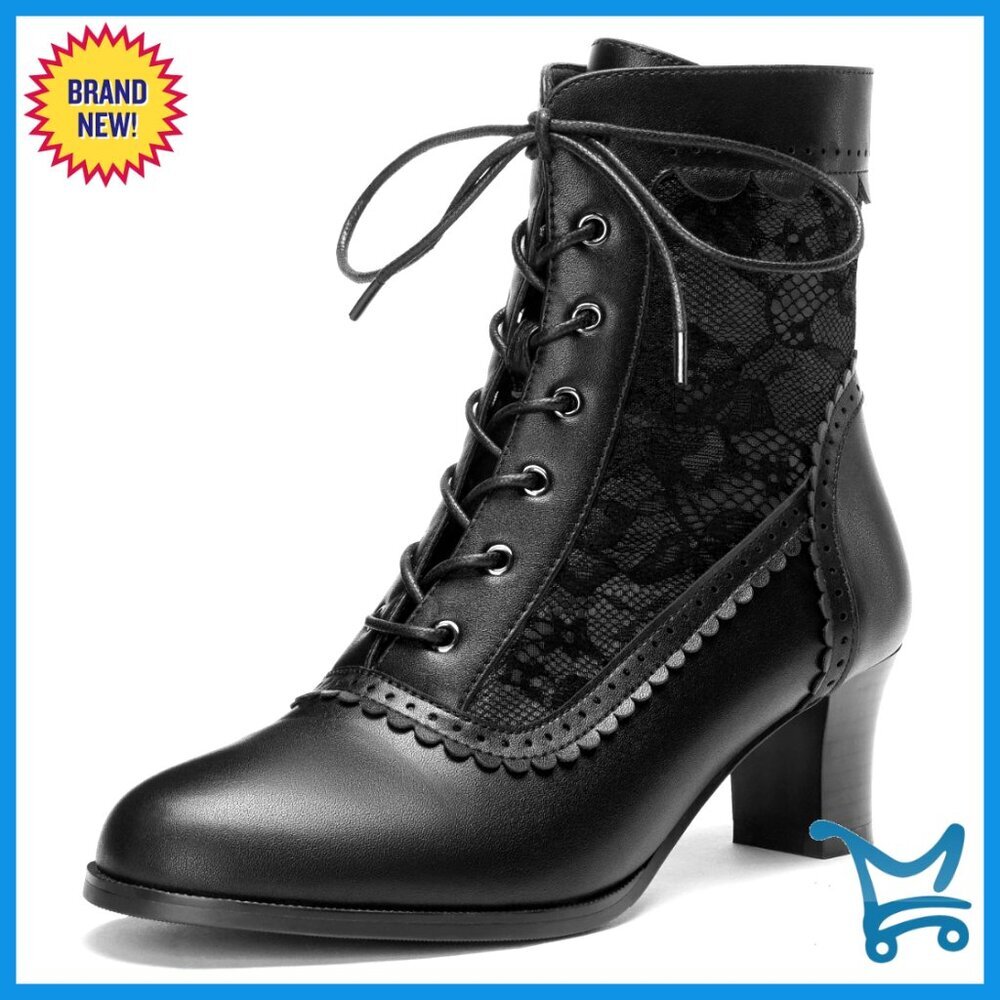 Victorian Lace Up Ankle Boots with Side Zipper Kitten Heel